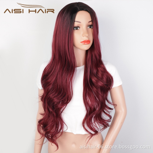 Fiber Wigs For Black Wavy Heat Resistant Synthetic Long Women Body Red Ombre Side Part Synthetic Wigs